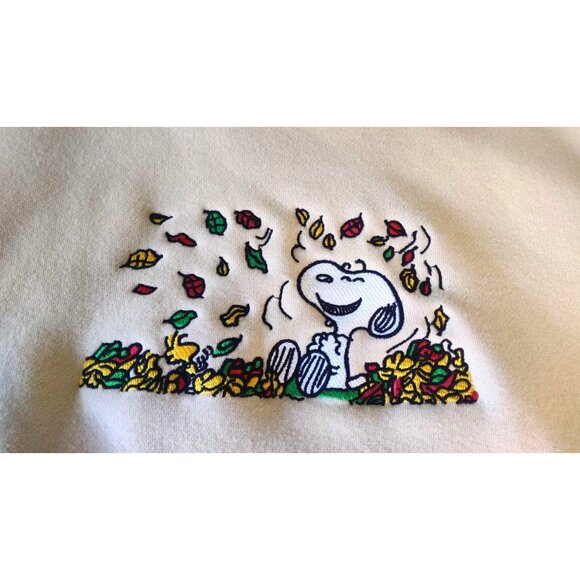 Snoopy Crewneck Beige Fall Leaves Graphic Embroidered Lined Sweatshirt - Picture 5 of 15